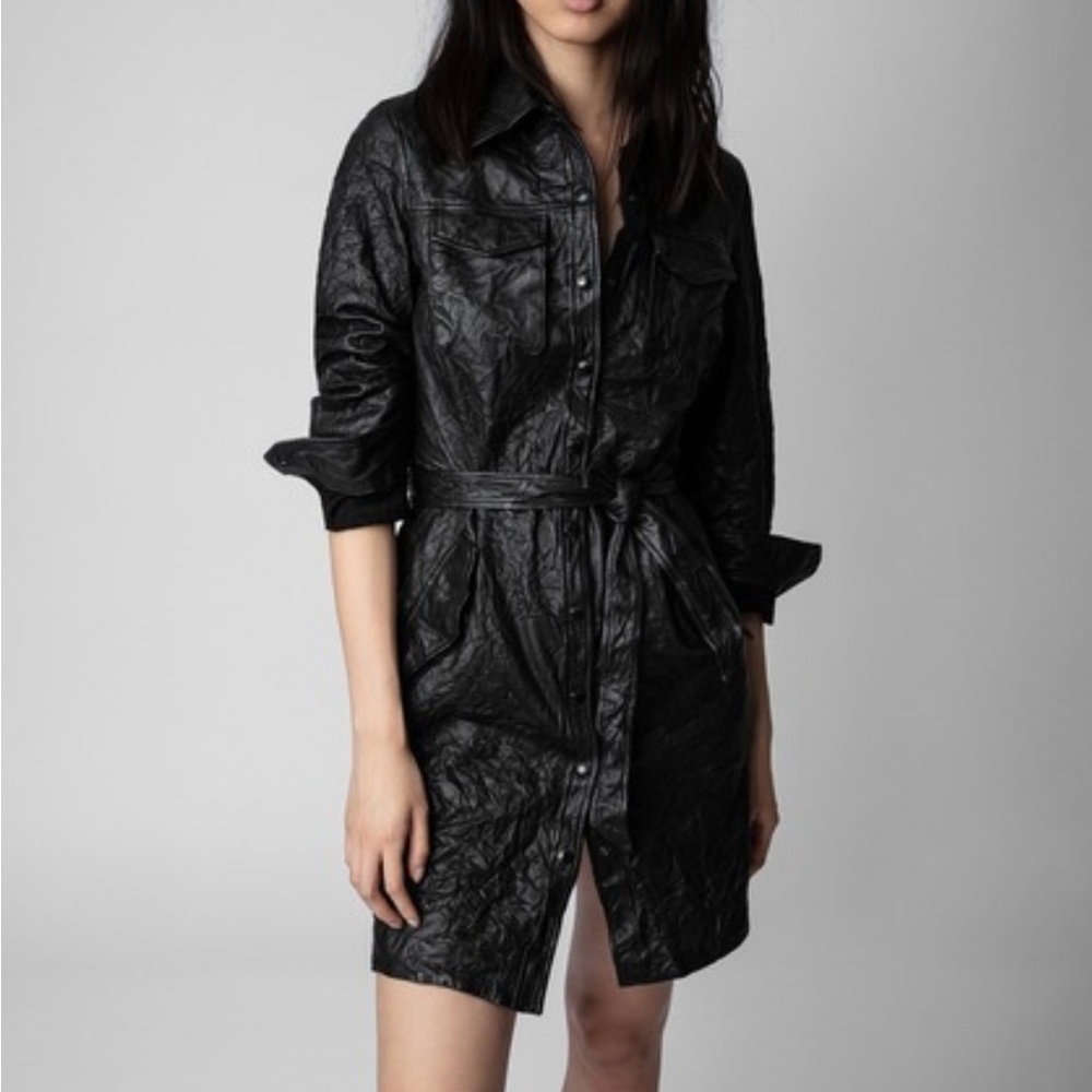 Zadig & Voltaire Black Leather Rack Cuir Froisse Long Sleeve Dress with Belt